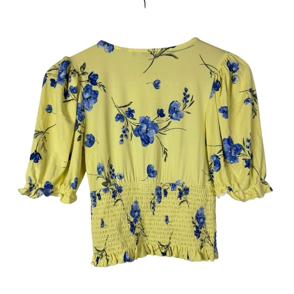 Forever 21 Yellow & Blue Floral Smocked Waist Crop Short Sleeve S - Picture 2 of 3